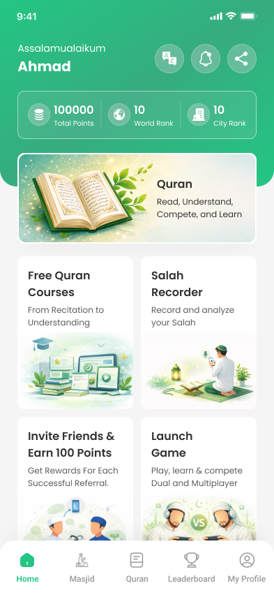Quran & Salah app home dashboard with points, ranks and features